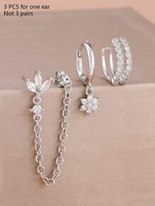 3件套精美锆石花朵流苏链耳钉，女士简约穿孔耳环，耳夹式时尚饰品 - 3Pcs for One Ear - 查看 5