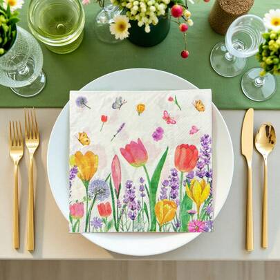 20/40pcs Tulip And Wild Flower Printed Disposable Napkins,Double Layer Soft Paper Material,13inch Square Paper Towels With Colored Butterfly Patterns;For Spring&Summer Outdoor Party Deco,Wedding,Birthday,Anniversary,Bridal Parties,Creative Party Events Deco
