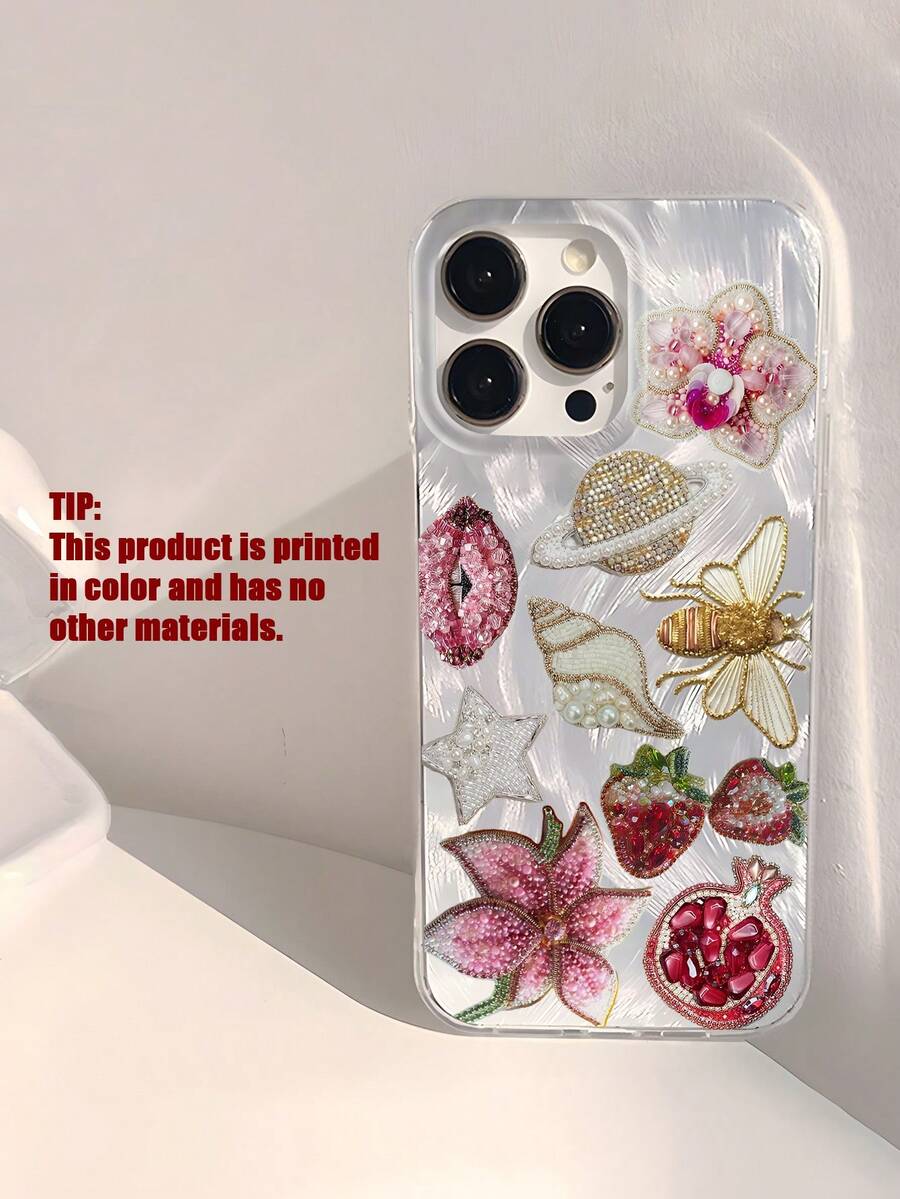 1pc Beaded Flower & Shell Printed Shiny Waterproof Shockproof Anti-Slip Soft Phone Case, Compatible With Apple Phones - Multicolor - View 1