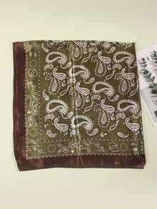 1条90厘米印花围巾，女士方巾/头巾，适合作为配饰、头饰、发带、发圈，也可用于搭配长袍、沙滩装和日常穿着，为您的造型增添时尚亮点。 - 棕綠色 - 查看 3