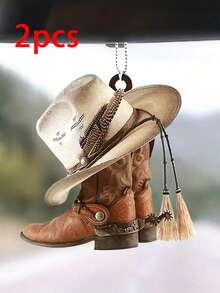 1pc 2D Acrylic Decorative Pendant - White Cowboy Hat Car Accessory, Suitable For Rearview Mirror, Cowboy Hat Hanging Decor, 2D Car Rearview Mirror Hanging Ornament, Keychain And Bag Charm, Holiday Gift Bag And Keychain, Car Interior Hanging Decor, Adding Fashionable Touch To Your Car! (Keychain Chain Style Random) - Gold - View 9