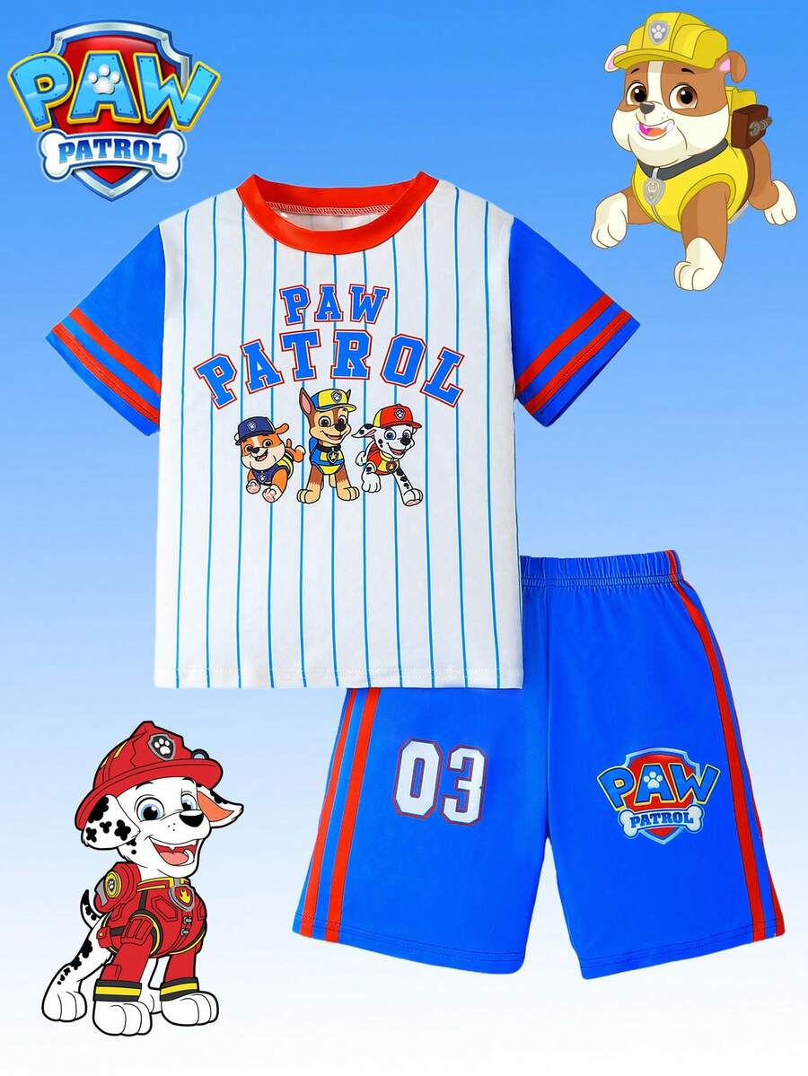 Paw Patrol 两件套汪汪队立大功男童套装，包含蓝色卡通小狗印花圆领短袖T恤和短裤，儿童夏季运动服，适合日常、休闲、度假、户外运动，也是一份不错的礼物。 - 藍色 - 查看 1