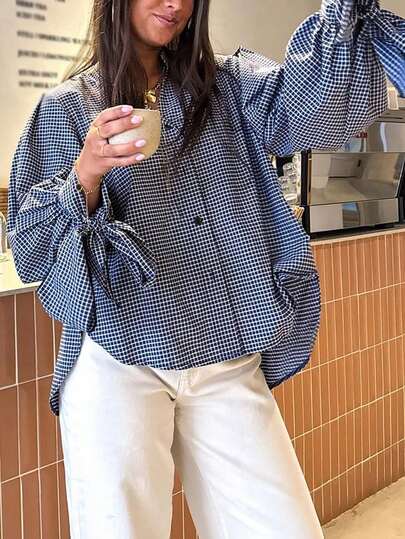 Plus Size Women's New Arrival Fashion Elegant Vacation Bow Tie Long Sleeve Plaid Casual Shirt, Minimalist For Commute, Daily Wear, Tea Party, All Seasons Spring