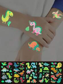 5pcs Dinosaur Element Series Luminous Tattoo Stickers, Glow In The Dark, 66 Cartoon Dinosaur Element Pattern Temporary Tattoo Stickers, Waterproof Fun Fake Tattoo Stickers, Suitable As Birthday Party Gifts - Multicolor - View 3