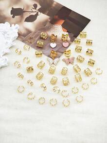 44pcs Pink White Butterfly & Heart Hair Rings - Romantic Hair Cuff Set, Boho Hair Jewelry For Women's Braids & Dreadlocks - Gold - View 3