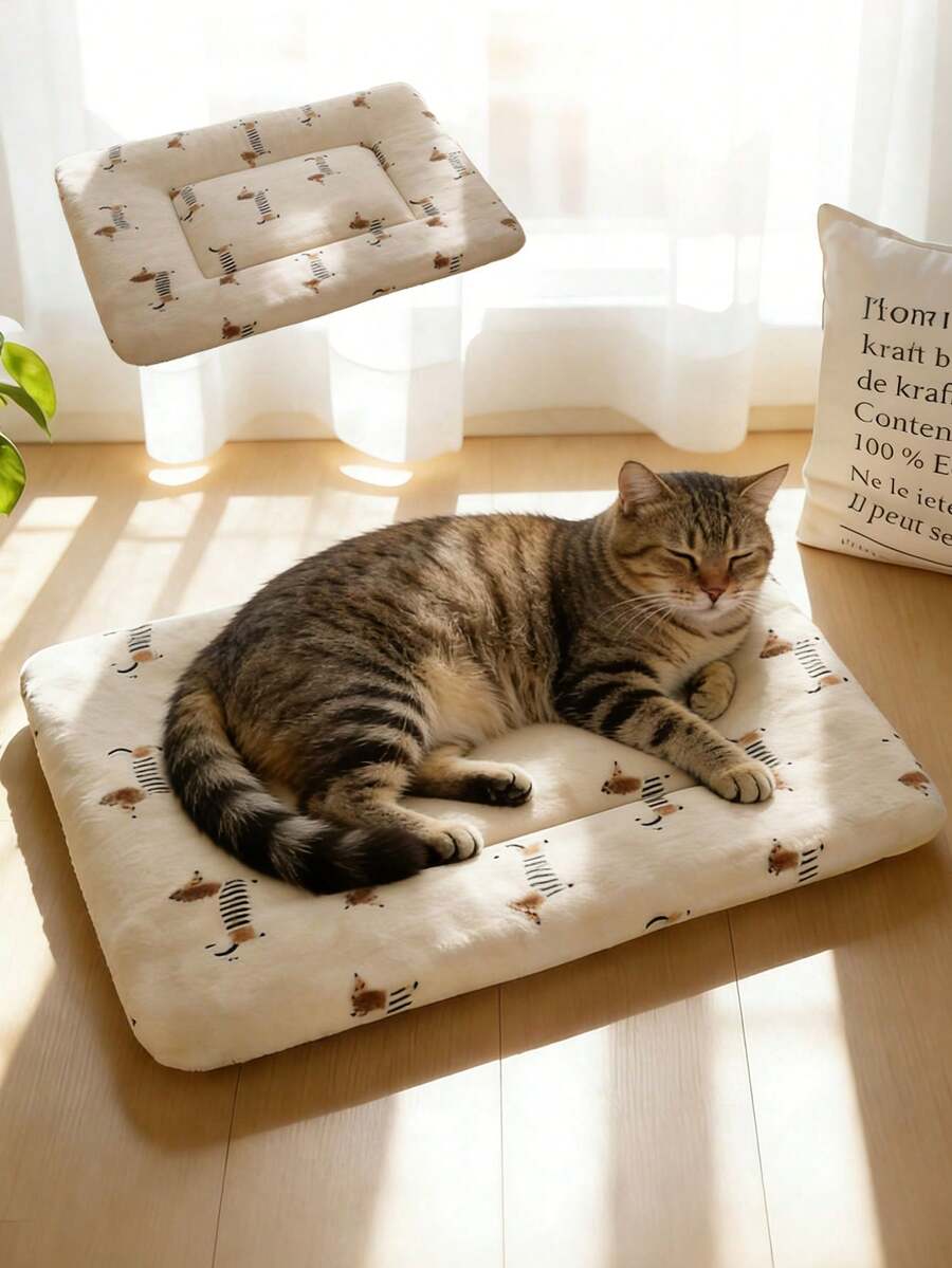 卡通狗狗图案宠物床垫,适用于猫狗等小型动物,春夏柔软蓬松,亲肤可水洗,四季通用,可用于笼子、沙发床等宠物床。 - 彩色 - 查看 1