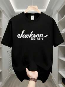 [Sporty T-Shirt]Men'S Casual Summer T-Shirt With "Jackson Guitars" Graphic Print, Black Short Sleeve Crew Neck Tee, Lightweight Polyester Blend For Casual Attire, Guitar T ShirtRelaxed Plus Size T-Shirt - Black - View 2