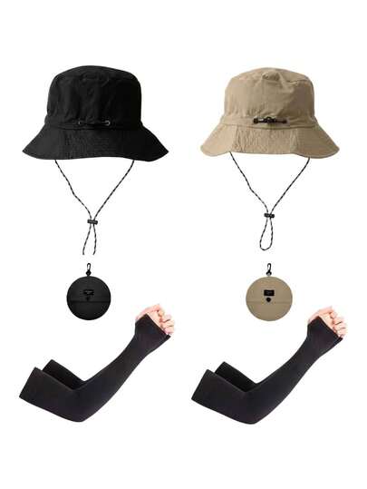 2pcs Unisex Quick-Dry Foldable Rain Hat With Detachable Chin Strap For Outdoor Fishing Sun Protection + 2 Pairs Unisex Tight-Fitting UV Protection Arm Sleeves For Golf, Basketball, Cycling, Fishing, Driving, Running, Boating, Gardening And More