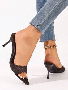 Black Open Toe Mesh Summer New Fashion Stiletto High Heel Sandals, Minimalist Versatile Women's Formal Sandals, Pointed Toe Elegant Stiletto Slide Sandals, Women's High Heel Shoes, Women's Brown High Heel Shoes - Brown - View 7