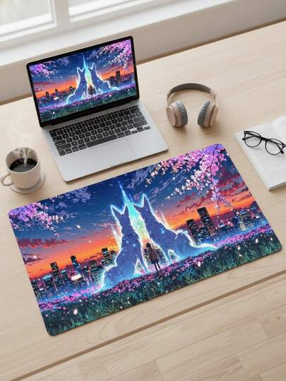 大尺寸鼠标垫，防水防滑光滑布面，赛博狼动漫电竞图案，也可作键盘垫、桌垫或书架使用，适合游戏玩家、办公室和宿舍使用，适用于电脑、办公和游戏环境，是送给游戏玩家的理想礼物，兼容鼠标和轨迹球。