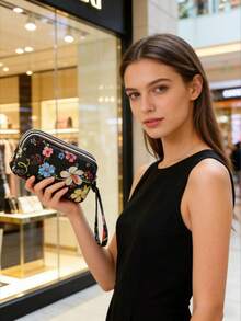 1个新款盛开花朵吉祥妈妈钱包，可装现金、手机、口红、硬币（花朵图案随机）女士钱包手拿包车钥匙可爱复古钱包 - 黑色 - 查看 3