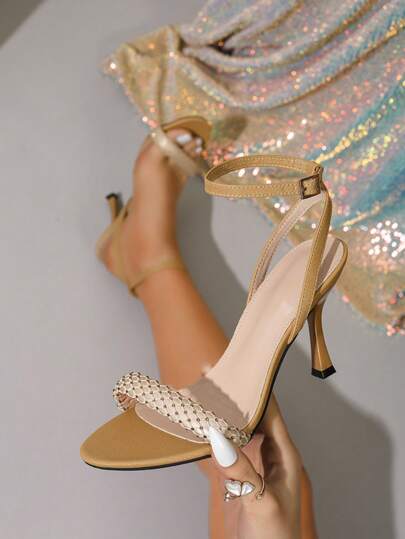 Women's Spring/Summer New Rhinestone Buckle One-Strap Casual Comfortable High Heel Sandals, Suitable For Party And Leisure