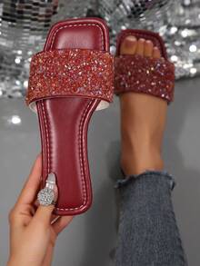 French Luxury Fashion Plus Size Beach Resort Versatile Rhinestone Indoor Outdoor Non-Slip Fresh Mom Slippers - Burgundy - View 2