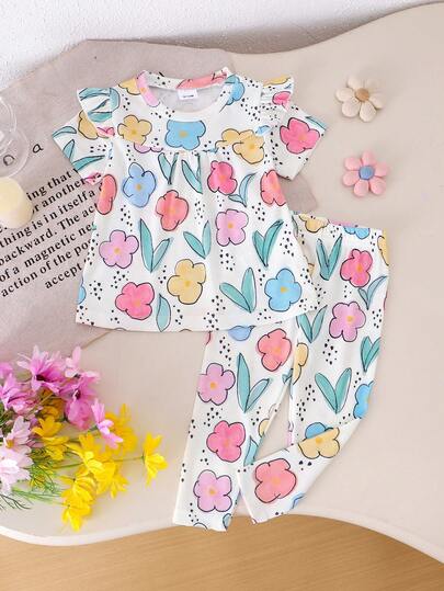 2pcs Baby Girls Cute Floral Print Ruffle Collar Short Sleeve Top + Matching Pants Set, Summer