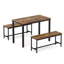 Dining Table And Chairs Set, Bar Table With 2 Benches, Kitchen Table With Chairs, Industrial Style Breakfast Table For Kitchen, Living Room, Reception Room, Rustic Brown And Black, 110 X 60 X 75 Cm - Camel - View 6