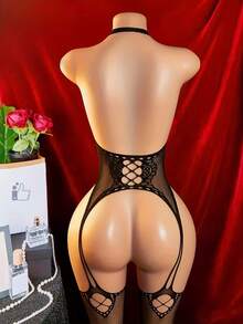 2026 Contrast Color Lace Hollow Out Camisole And Shorts Pajama Set - 黑色 - 查看 3