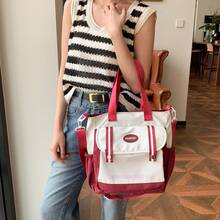 日系ins风撞色学生手提包，帆布单肩包，大容量书包，适合初中女生 - 方形 - 查看 3