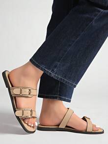 New Summer Flat Buckle Slip-On Slippers For Women, Minimalist Versatile Non-Slip Beach Sandals - Khaki - View 2