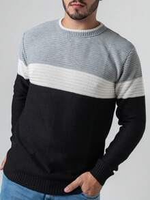 Men's Knitted Sweater, Textured Crew Neck, Casual Winter Shirt - Xám - Xem 3