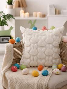 Capa de Almofada Coelho da Páscoa, Capa de Almofada Decorativa de Coelho em Jacquard de Falso Pelo Macio para Quarto, Sofá, Decoração Doméstica de Feriado - Bege - Visão 1