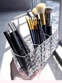 1pc Diamond Pattern Acrylic Makeup Organizer Box, 3-Compartment Pen Holder, Transparent Brush & Cosmetic Storage - Diamond Pattern 3-square - View 8