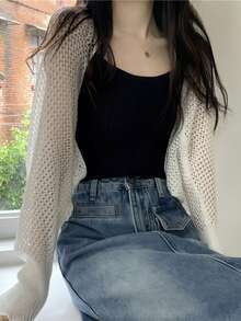 1 chiếc áo khoác cardigan dệt kim khoét lỗ màu trơn, tay dài, kiểu khăn choàng, chống nắng, có thể phối với mọi trang phục, tôn dáng, rất cần thiết cho các buổi đi chơi, thời trang và đa năng, thích hợp làm quà tặng cho bạn gái, bạn bè, phụ kiện nữ, quà tặng thú vị, quà tặng cá nhân hóa, quà tặng chu đáo - Màu be - Xem 4