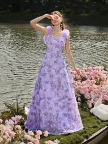 Faeriesty Elegant Layered Ruffle Sleeve Mesh Evening Gown, Velvet Embroidered Pattern - Backless Design Suitable For Met Gala, Bridal Party, Formal Dinner Wedding Spring - Lilac Purple - View 5