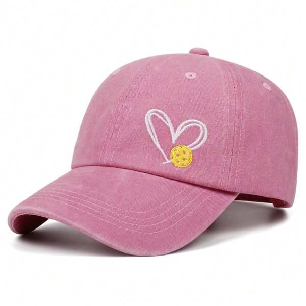 Boné de beisebol macio com bordado de coração de pickleball (1 unidade), estilo vintage, casual, versátil, para viagens e atividades ao ar livre.