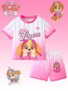 Paw Patrol 两件套汪汪队立大功女童套装，卡通可爱小狗印花渐变粉色圆领短袖T恤和短裤，儿童夏季运动服，适合日常、休闲、度假、户外运动，礼物 - 彩色 - 查看 1