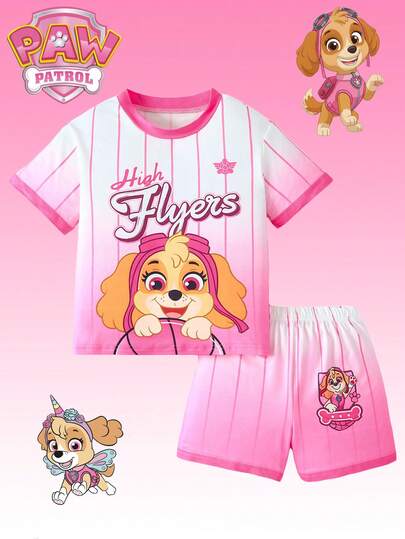  2pcs/Set PAW Patrol Girls' Outfit, Cartoon Cute Puppy Print Ombre Pink Gradient Round Neck Short Sleeve T-Shirt And Shorts, Children Summer Sports Suit, Suitable For Daily, Casual, Holiday, Outdoor Sports, Gift