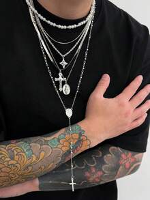 2pcs Fashionable Casual Minimalist Cross Pendant Necklace Set, Personalized Beaded Chain Y-Necklace, Suitable For Daily Wear, Party, And Holiday Gifts - 2pcs - View 3