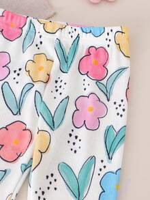 Conjunto de 2 piezas de top de manga corta con cuello con volantes y estampado floral + pantalones a juego para bebé niña, verano - Blanco - Ver 6