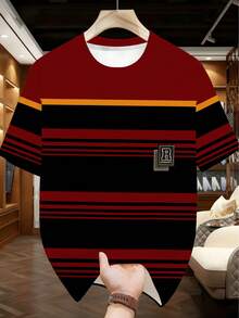 Plus Size Men's Red And Black Contrast Stripe Short Sleeve T-Shirt | Retro American Football Style Contrast Stripe Design + R Letter Badge Patch, Street Hip Hop Loose Breathable Sports Top - Red - View 3