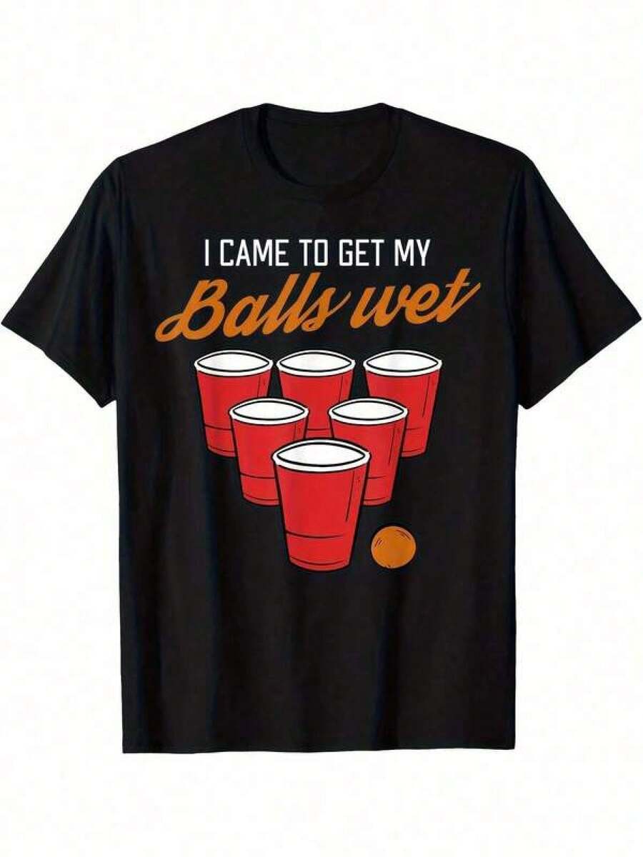 Printed T-Shirt Cotton Plus Size Men's Clothing, Funny Balls Wet Beer Pong Drinking Frat Cool Tshirt Gift Printed T-Shirt Comfortable Breathable, Casual Short Sleeve, Daily Wear, All Season, ,Y2K,Oversized Shirt Men S-5XL,Summer Tops - 黑色 - 查看 1
