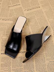 Women's Black Square Toe High Heel Slip-On Sandals, Casual Versatile Backless Mules - Black - View 3