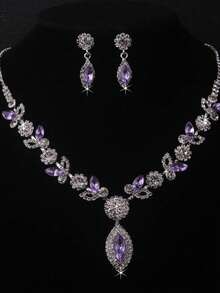 Luxury Purple Bling Rhinestone Necklace Earrings Set,Bride Wedding Dress Accessories, Stage Show Jewelry - Purple - View 9