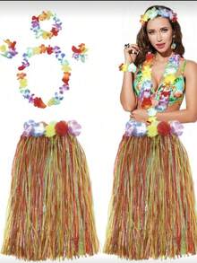 5pcs Hawaiian Style Party Grass Skirt Set - Perfect For Costume Parties, Adult Hawaiian Themed Parties, Summer Parties, Birthday Parties And Halloween - Multicolor - View 1