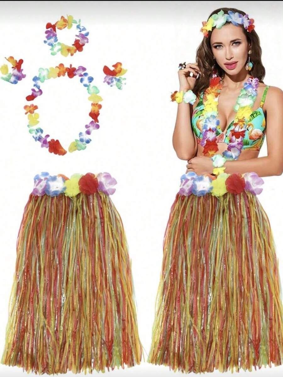 5pcs Hawaiian Style Party Grass Skirt Set - Perfect For Costume Parties, Adult Hawaiian Themed Parties, Summer Parties, Birthday Parties And Halloween - Multicolor - View 1