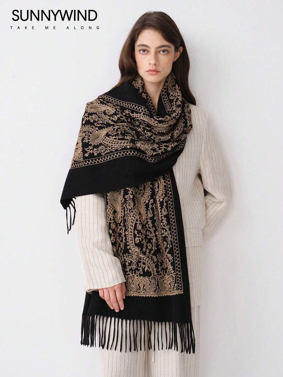 1pc Women's Polyester Paisley Pattern Versatile Scarf/Shawl - Black - View 1