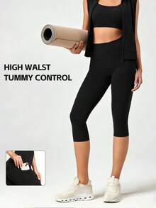 EBIOSVE 1pcs  Women's Solid Color Sports Leggings With Pockets Yoga Pants Women With Pockets Capri Leggings For Women Workout Leggings For Women Yoga Capris - 1PCS Black - View 3
