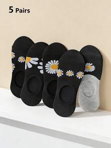 5 Pairs Women's Thin Floral Print Non-Slip Silicone Grip Boat Socks, Suitable For Spring And Summer - Multicolor - View 3