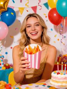20/10pcs/1pc French Fry Paper Boxes, 5.5oz/Red & White Striped Fry Boxes, Small Fry Paper Trays Suitable For Fries, Onion Rings, Popcorn - Pink and White Vertical Stripes - View 12