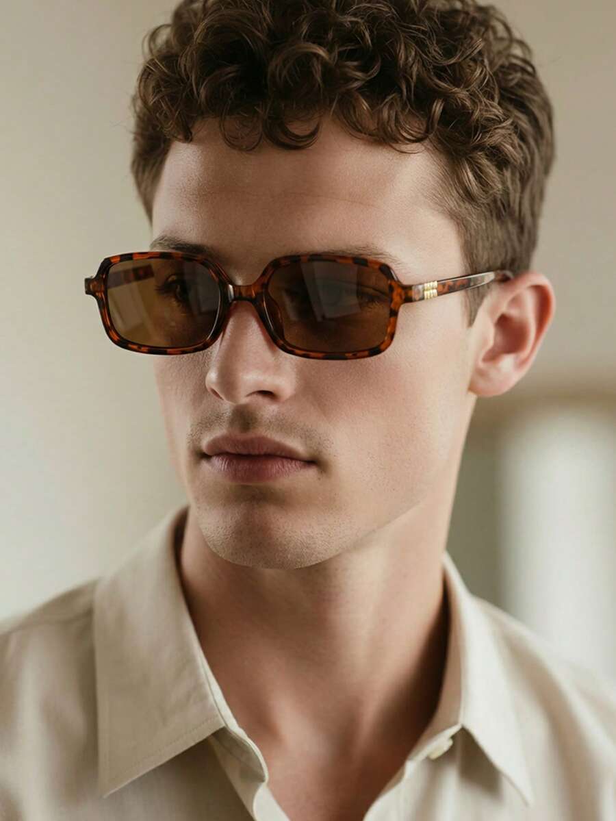 1 Pair Men's Small Square Frame Stylish Glasses, Suitable For Travel, Vacation And Daily Wear - Leopard Print - View 1