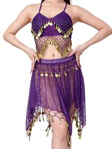 一套女士肚皮舞服装，包括雪纺薄纱亮片流苏裙和手工亮片珠饰流苏系带露背上衣，亮片裙采用纱丽风格，适合锐舞派对、狂欢节表演。也适合节日、派对、夜店、海滩、异域风情服饰装饰、波西米亚风、复古风等场合。 - 彩色 - 查看 16
