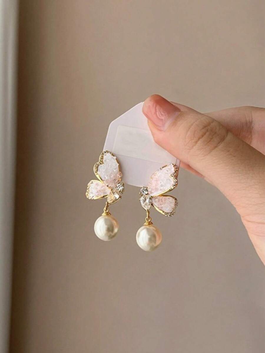 Crystal Butterfly Pearl Earrings, Unique Design Fashionable Earrings For Women - Pink - View 1