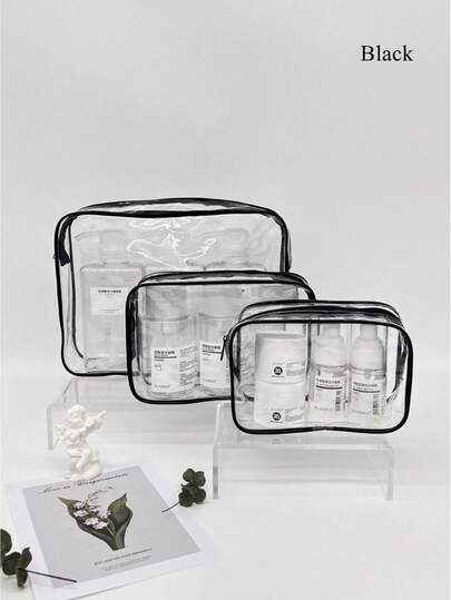 3 piezas Bolsa de playa organizadora transparente negra, bolsillos con cremallera de plástico, adecuada para bolsa de playa, neceser de viaje, bolsa divisora de cosméticos, útiles escolares, artículos esenciales de viaje, bolsa de maquillaje para vacaciones, bolsa de maquillaje de útiles escolares, bolsa de maquillaje de artículos esenciales de vacaciones, bolsa de almacenamiento de cosméticos, bolsa de almacenamiento de cosméticos de invierno, accesorios de escritorio de útiles escolares, accesorios de oficina