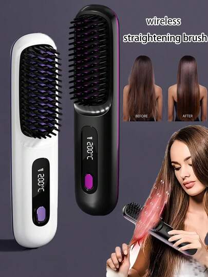1pc Portable Wireless Hair Straightener Brush, 3 Temperature Settings, LCD USB Charging, Negative Ion Technology, Ceramic Heating, 2000mAh Battery, Wireless Cordless Straightening Brush, Anti-Scald, Suitable For Students, Outdoor, Travel, Home Use, Travel Accessories, Women Gift