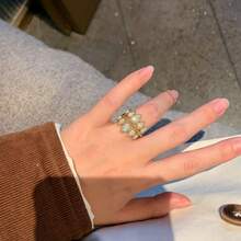 18K镀金奢华夸张水滴珠戒指，法式宫廷风格，女士款 - 金色 - 查看 4