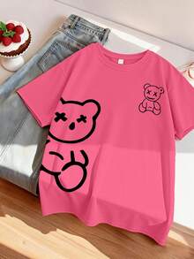 Set de 2 piezas de top de manga corta y shorts casual de verano, adecuado para actividades al aire libre en primavera y verano, lavable a máquina, cómodo y elegante top de verano - Rosa Fucsia - Ver 3