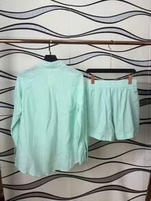 Two-Piece Linen Shirt And Shorts Set, Lined With Elastic. Summer Vacation: Perfect For Celebrating Christmas, New Year's Eve And New Year In Brazil! - 青碧色 - 查看 4